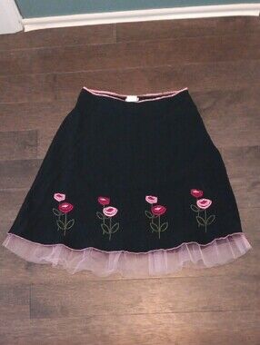 % HeartSoul black A-Line Skirt with Pink Rose Embroidery and Faux Crinoline